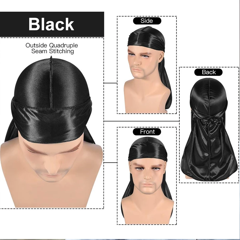 4Pcs New silk Durag Bandana Turban Hat Men Breathable Long Tail Doo Rag for men Durags Pirate Hat Headband