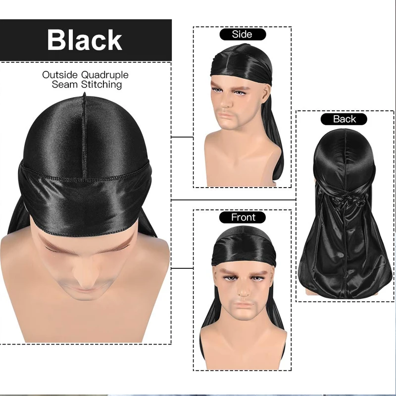 Set 3 Durag In Satin Seta Coda Lunga | Bande Larghe, Protezione UV, Per Uomo E Donna, Bianco Nero Blu