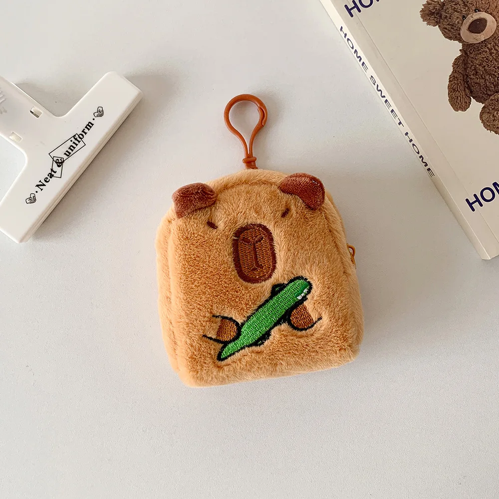 Capybara Plush Coin Purse Mini Zipper Wallet with Keychain Headphone Storage Bag Crossbody Bag Pendant Decoration Girls Gift