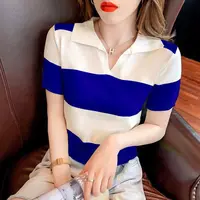 Female Polo Neck Tee Shirts Luxury Short Sleeve Fitted T Shirt High Quality Pullover Good Xxl Top Original Knitted Y2k Striped - Image 6