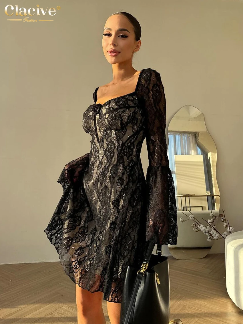 

Clacive Sexy Slim Black Lace Women Dress Bodycon Square Collar Long Sleeve Mini Dresses Elegant Classic Patchwork Female Dress