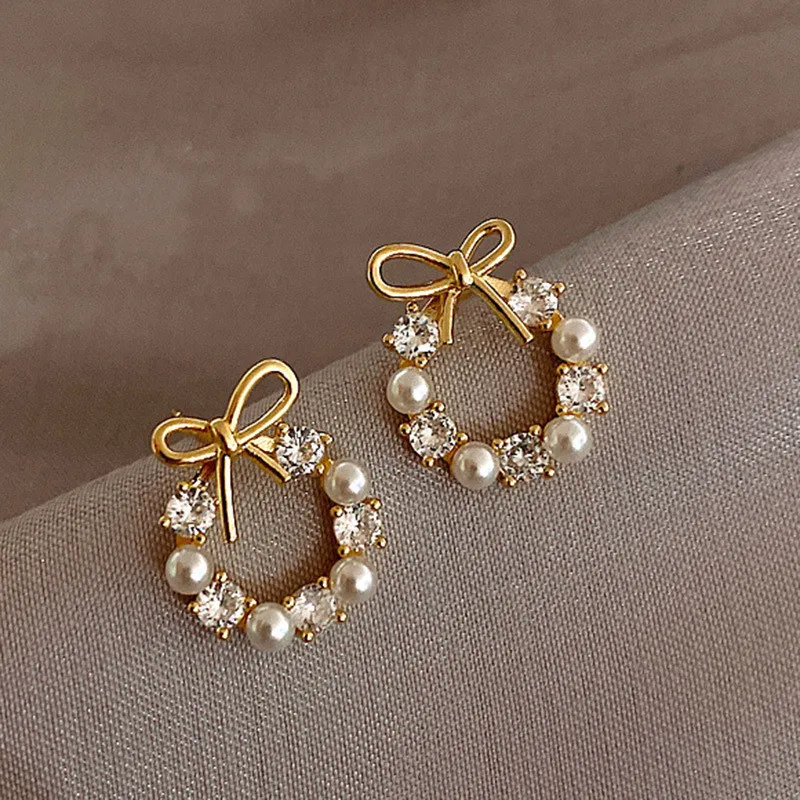 Fashion Lmitation Pearl Crystal Bow Stud Earring For Women Girl Party Trending Jewelry
