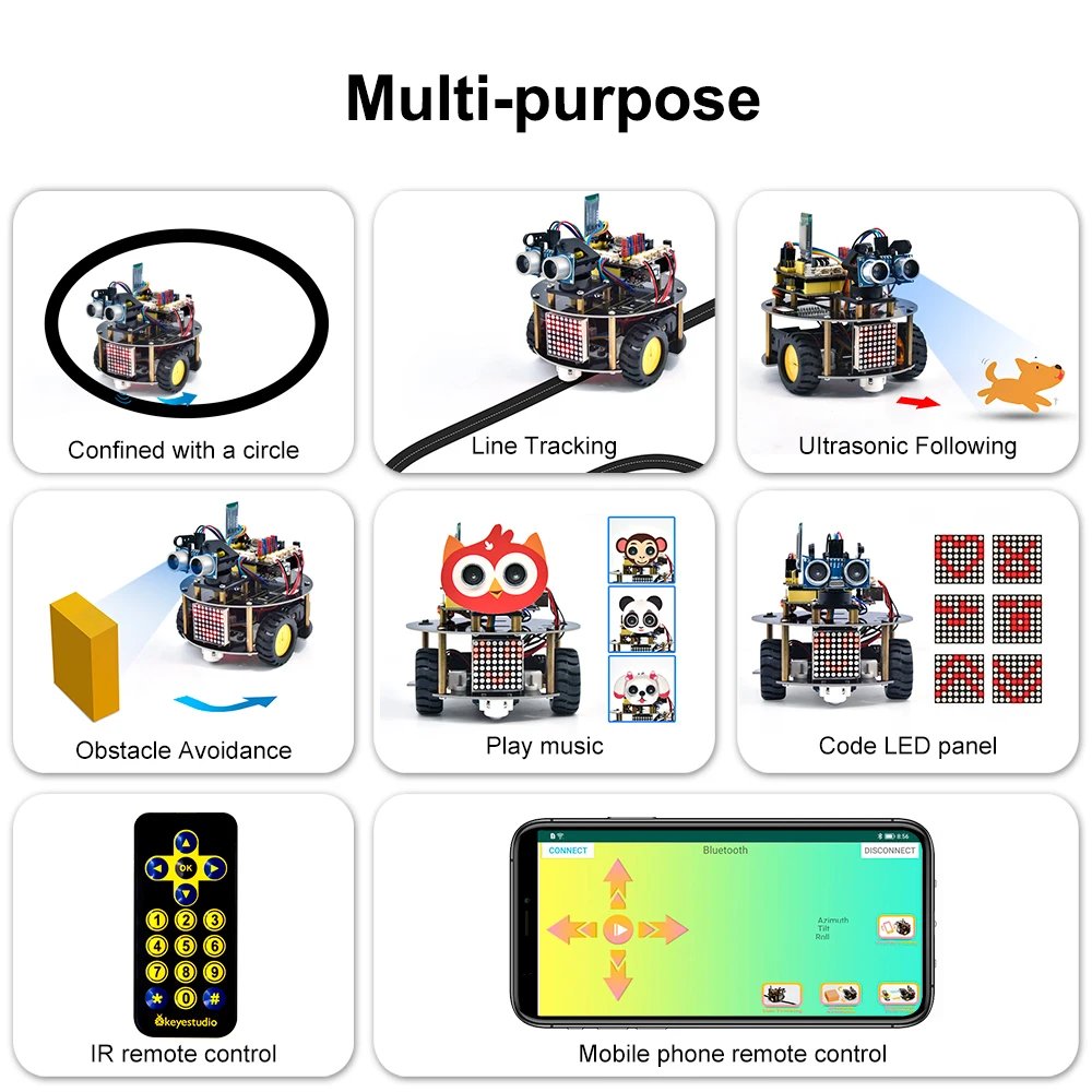 Keyestudio Multifunction Smart Little Turtle Robot Car V3.0 for Arduino Robot STEM Kids Toy Programable Robot Kit