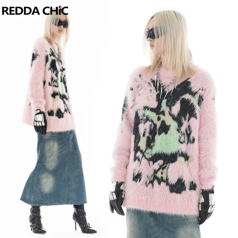 

ReddaChic Aesthetic Y2k Plush Jumper Top for Women Long Sleeves Crew Neck Pink Graffiti Knitted Mohair Sweater Korean Streetwear