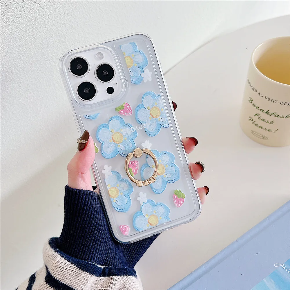 Coque de téléphone transparente avec porte-fleurs de Style coréen, étui Transparent pour iphone 15 14 12 13 11 Pro Max Plus, support Floral mignon pour fille_voghion.com