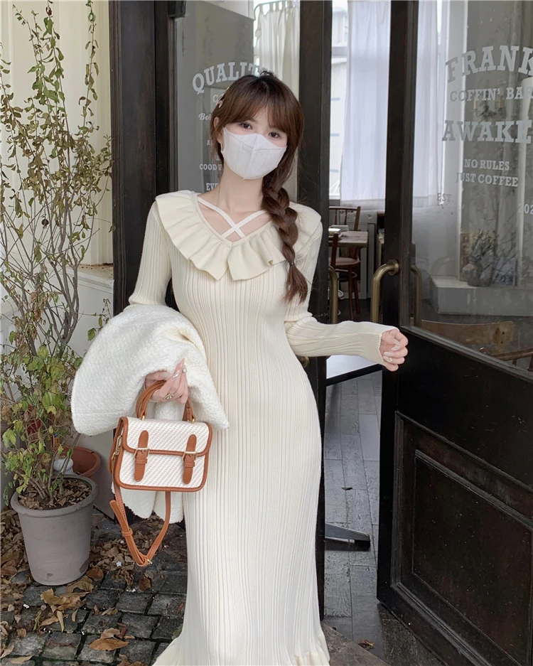 Autumn Knitted Dresses for Women Ruffles V-neck Solid Bodycon Casual Solid Midi Dress Korean Fashion Vestidos Mujer New Knitwear