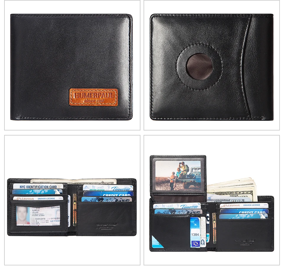 Real Leather RFID Trifold Wallet for Men - Slim Airtag Card Holder with ID Window
