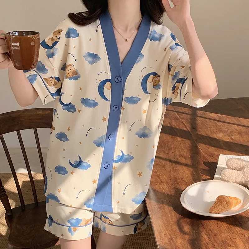 Korean Pajamas Set for Women Summer Loungewear Sleepwear Girls Sweet Lapel  Pyjama Kawaii Printed Pijamas Japanese Home Suit - AliExpress