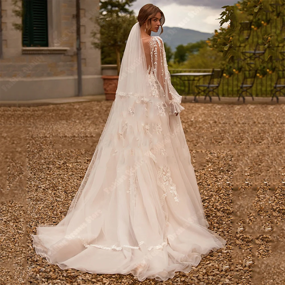 Sweetheart V-Neck Women Wedding Dresses Lace Printing A-Line Bridal Gowns Elegant Multi-Layer Sheer Vestido De Novias Customized 2