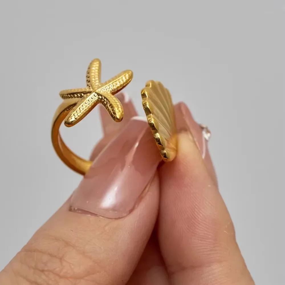Stainless Steel Gold Plated Conch Whelk Sea Snail Open Rings Women Hypoallergenic Vintage Shell Sunflower Flower Adjustable Ring