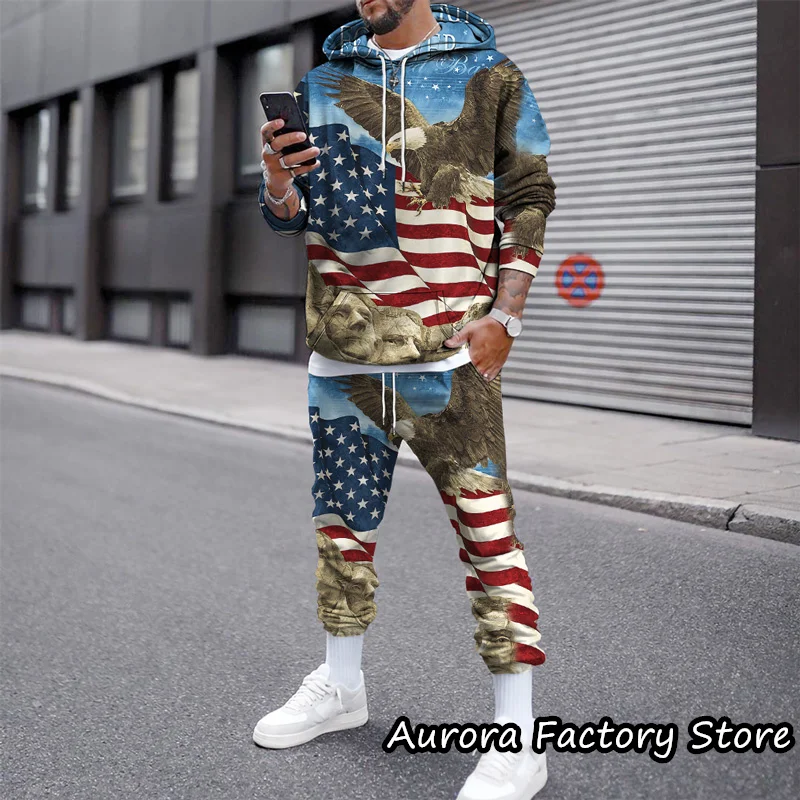 Spring Autumn Men's American Flag Pattern Hoodie Set Fashion Tracksuit Casual Hooded Long Sleeve Sweatersuit Clothing With Hat