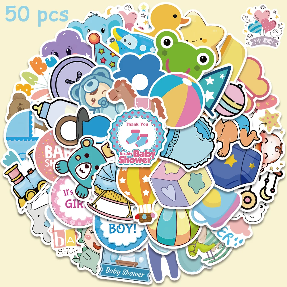50pcs Baby Shower Stickers Cute Cartoon Children Toys Decals For Kids Laptop Luggage Skateboard Scrapbook Cars Diary Stickers