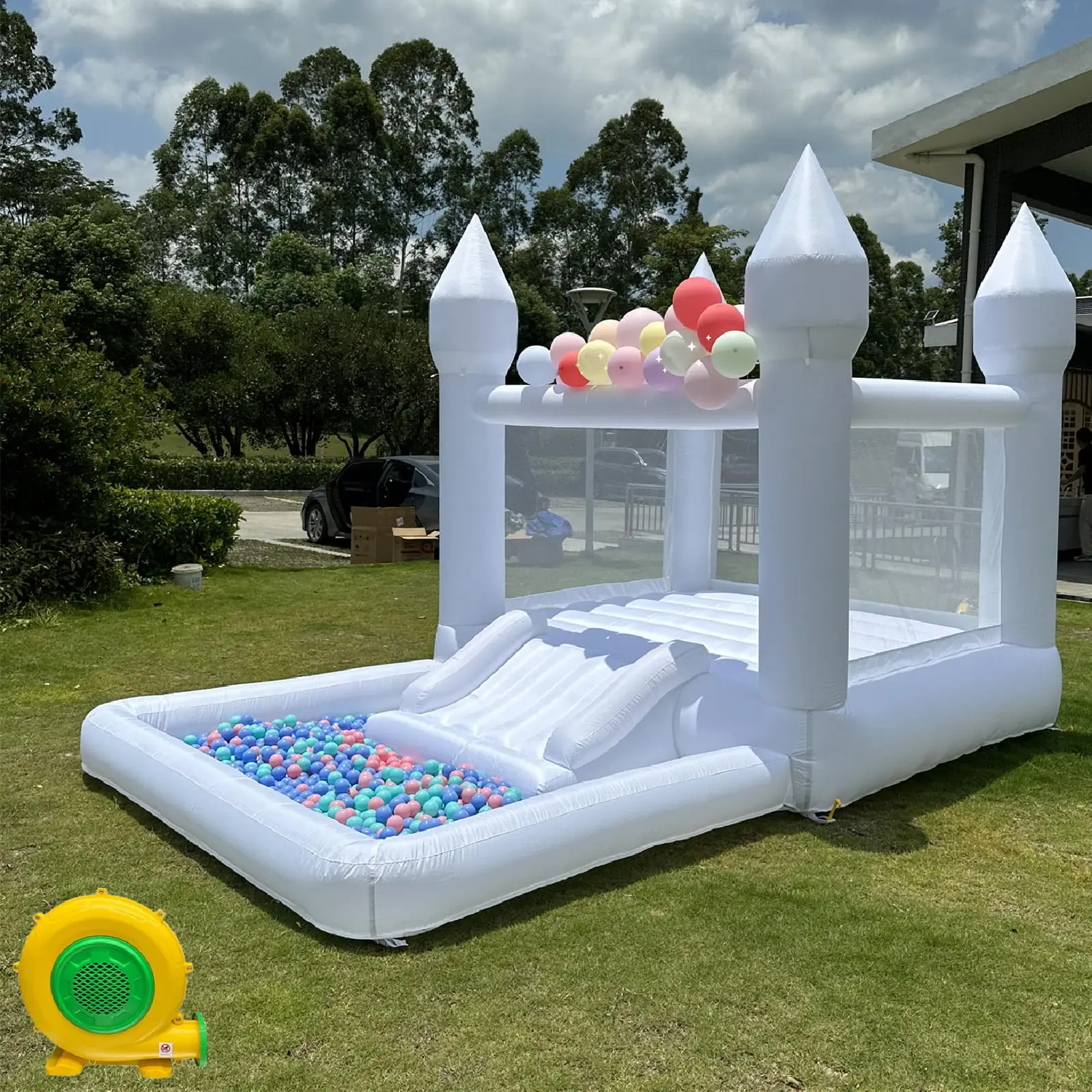 

White Bounce House with Slide and Ball Pit Multifunctional Inflatable Bouncer for Kids(13 * 8 * 8ft Oxford Cloth，with Air Blower