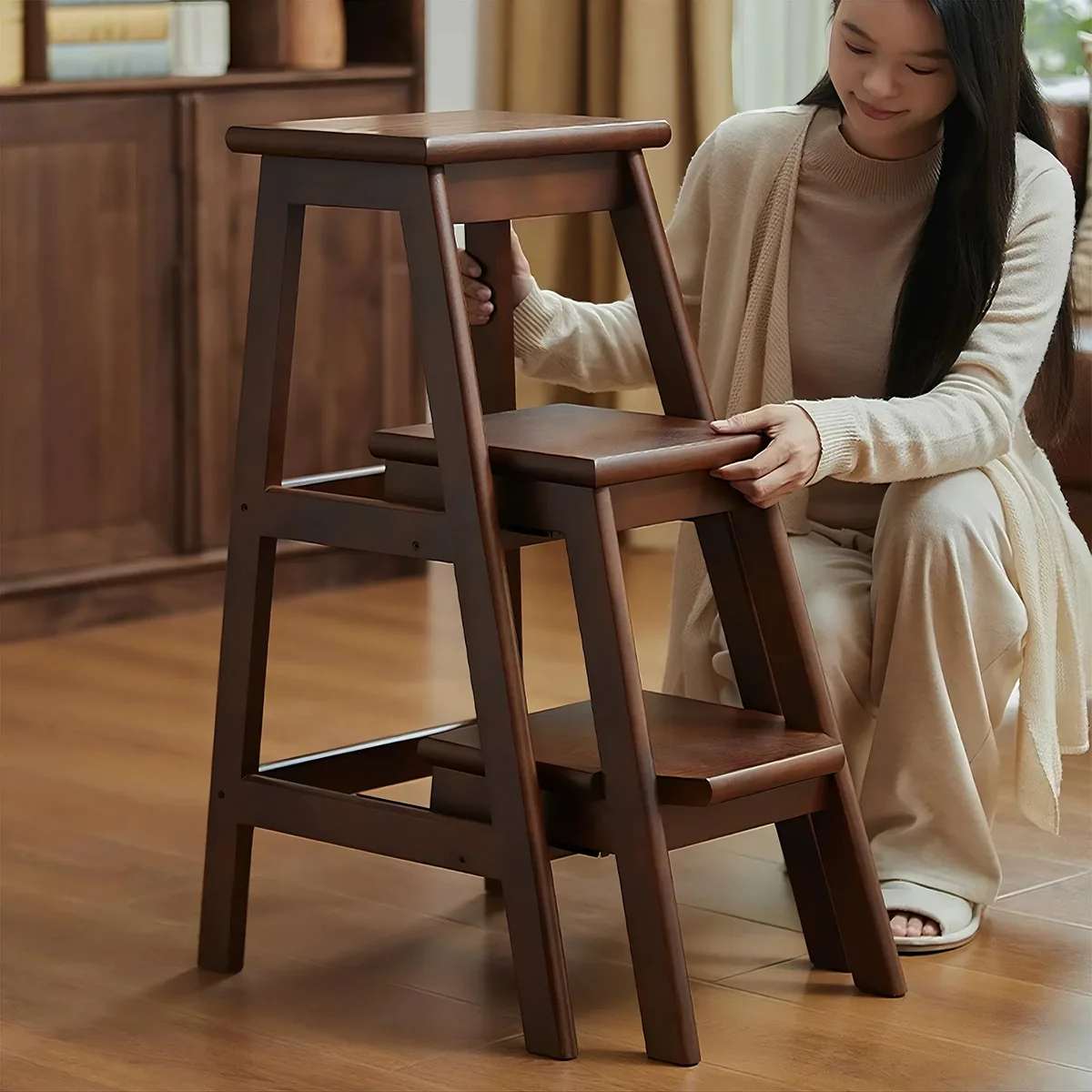 가정용 원목 사다리 의자, 주방 사다리 의자, 접이식 사다리 의자, 원목 다이닝 바 의자, 수납 선반