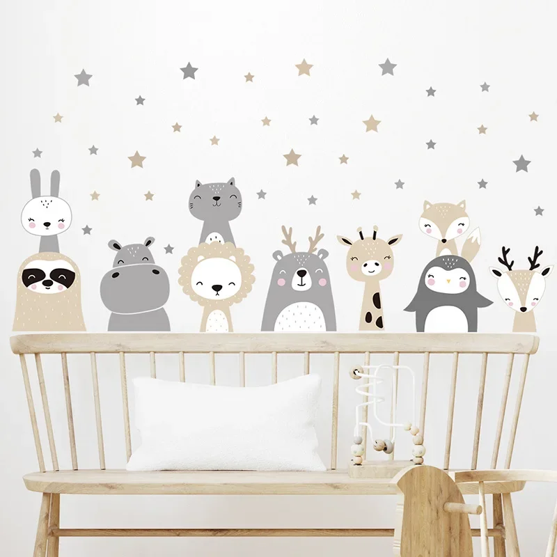 

Cute Animals Star Wall Stickers Cartoon Lion Giraffe Panda Rabbit Penguin Fox Decals Kids Room Decoration Teaching Home Sticker