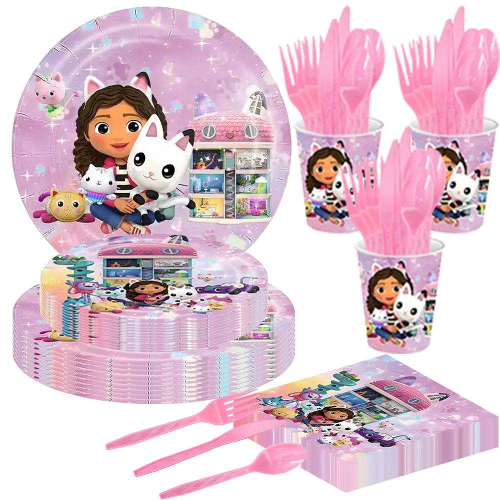 Gabby Dollhouse Cats Party Decorations Theme Disposable Party Dinnerware Set Balloons Reusable Straw Baby Shower birthday tableware set,birthday party supplies,party supplies