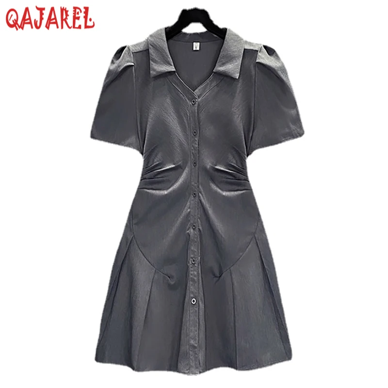 

Женское Плиссированное Платье-поло, элегантное облегающее офисное платье-трапеция с коротким рукавом, повседневное однотонное мини-платье в Корейском стиле, лето 2024