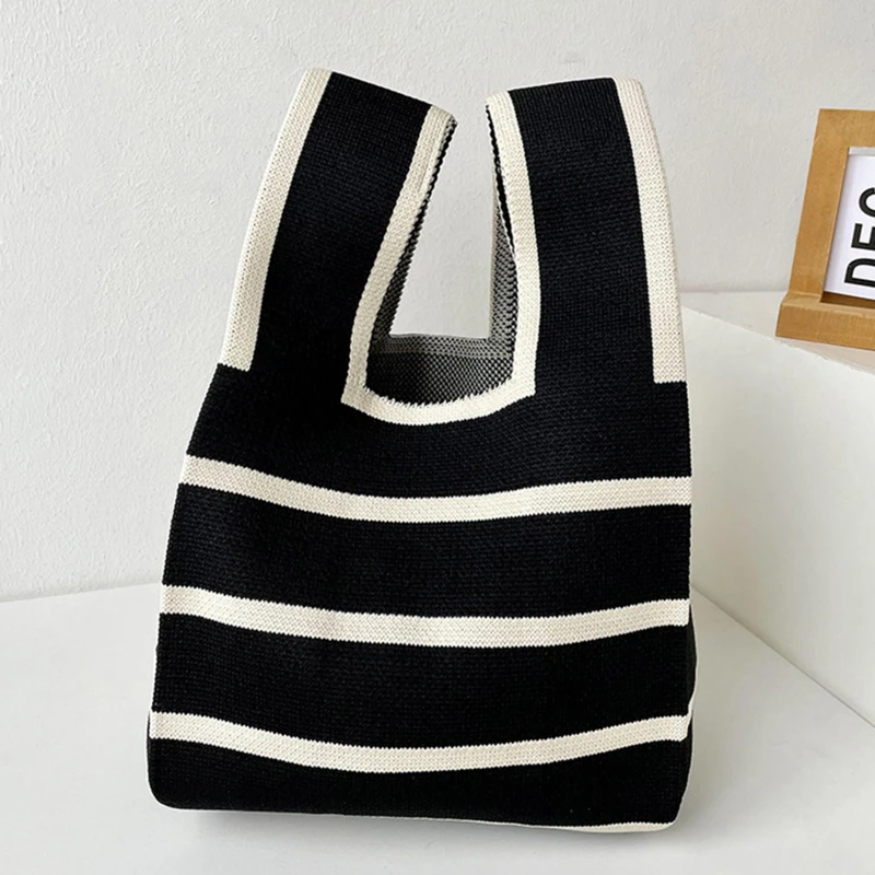 

Handmade Knit Handbag Women Mini Knot Wrist Bag Japanese Casual Color Wide Stripe Plaid Tote Bag Student Reusable Shopping Bags