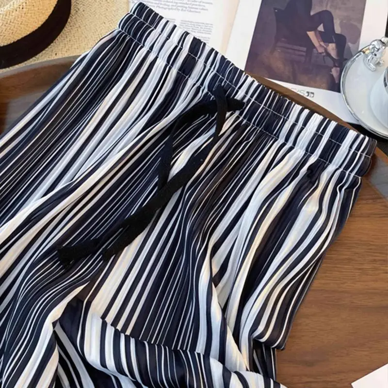 Summer Striped Casual Pants Korean Wide Leg Women's Clothing Contrasting Colors High Waist Elastic Fashion Drawstring Trousers