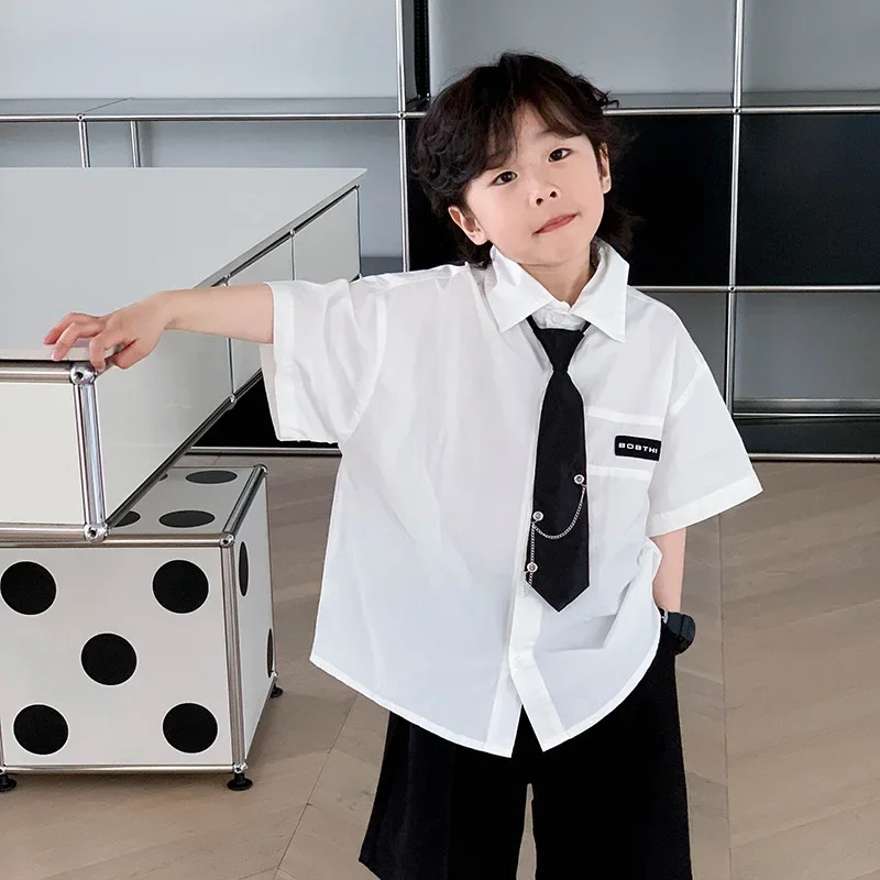 Boys' Loose Fit Short Sleeve Shirt Casual Korean Style Children's Clothing Summer Trendy Turn-down Collar Top
