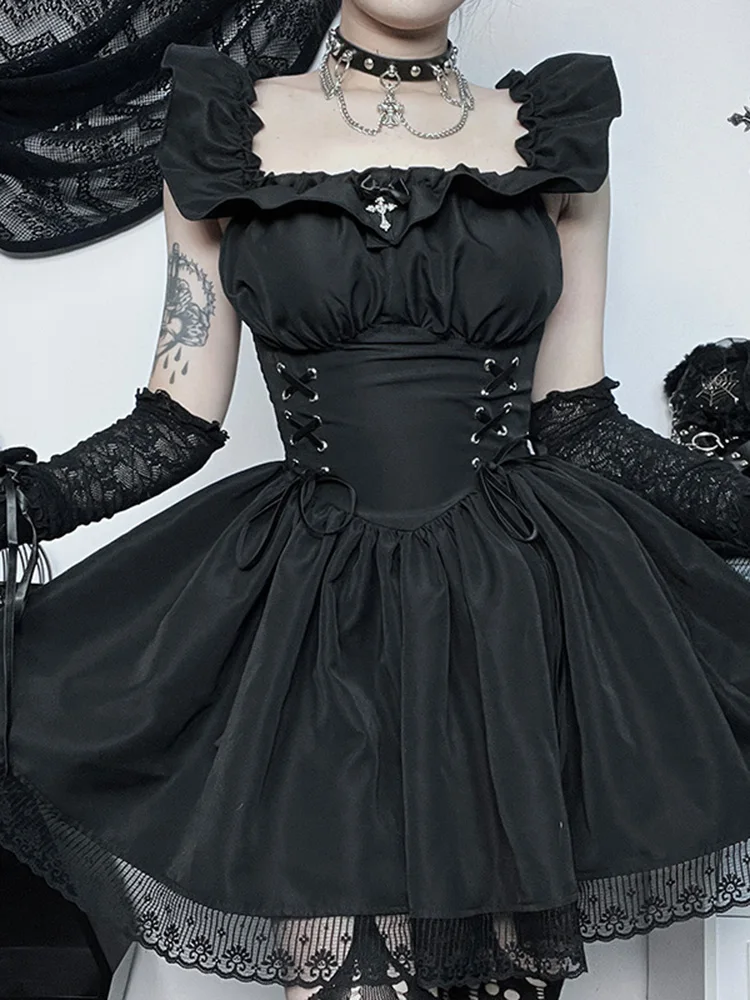 

Lolita Gothic A-line Corset Mini Dresses Goth egirl Grunge Off Shoulder Party Outfits Women Sexy Lace Hem Shrring Alt Dress