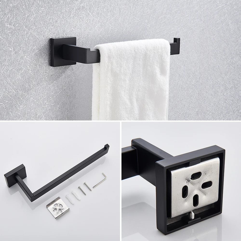 Bathroom Hardware Set Black Robe Hook Towel Rail Bar Shelf Tissue Paper Holder Wall Mounted Bathroom Accessories