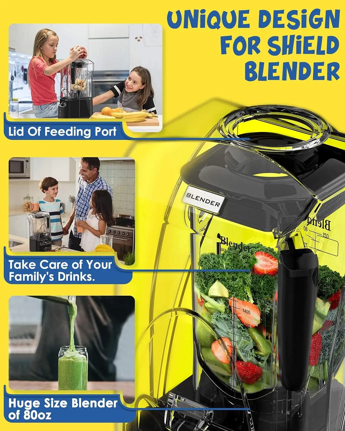 Blender with Soundproof Shield, 2200 Watt Professional Blenders for Kitchen with 80oz Jar and Self- 4