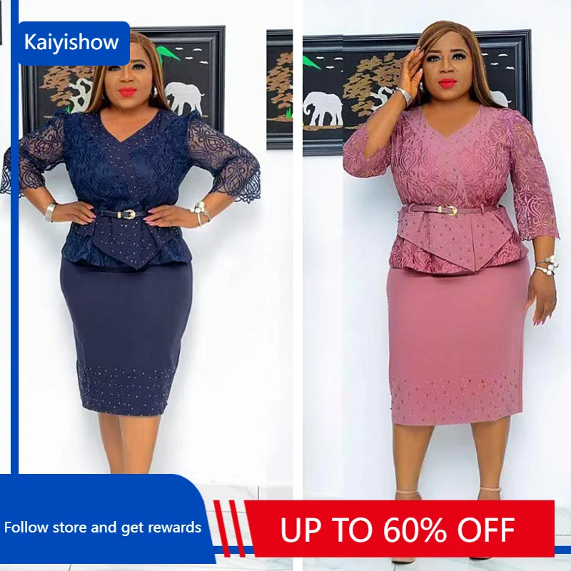 

African Dresses for Women Summer Elegant African 3/4 Sleeve Polyester Pink Lace Knee-length Dress Dashiki African Clothes L-3XL