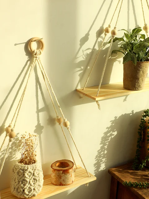 JOPSTDI - Estanterías Flotantes, Decoración De Pared De Recámara, Estante De Macramé, Instalación Sin Perforaciones, Hojas Decorativas Y Tira De Luz, Juego De 2 Estantes De Plantas.(Blanco