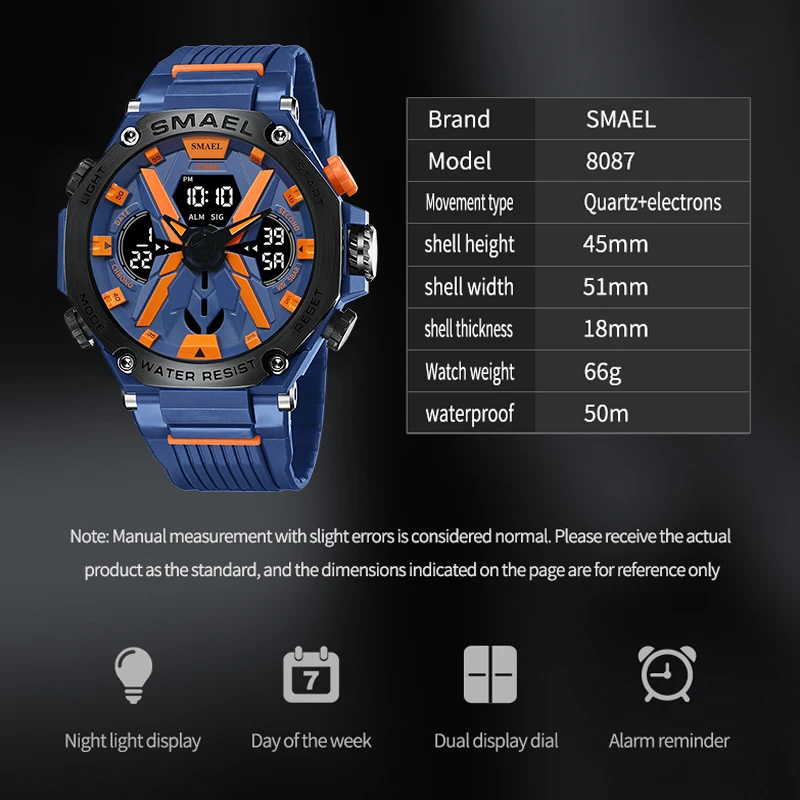 Sports Wristwatch Men Watches Quartz SMAEL Brand 50M Waterproof Wristwatch Time Alarm Clock 8087 Sport Watch Military Army