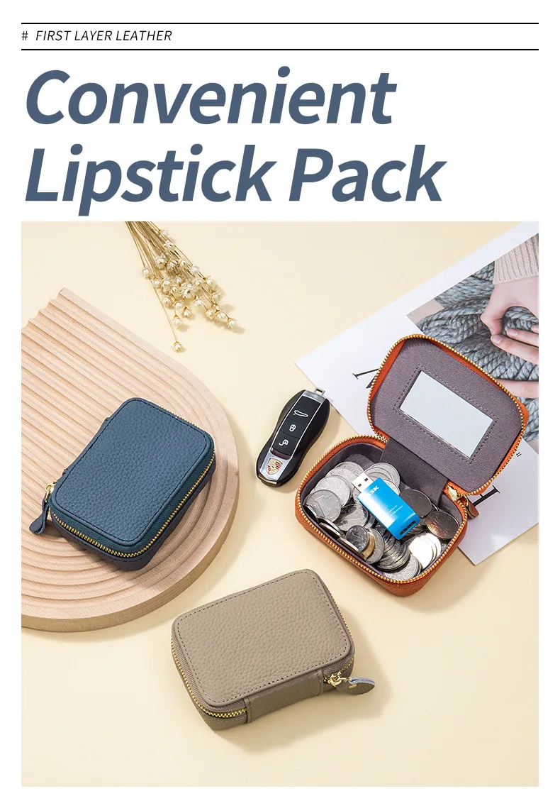 Lipsticks Case with Built-In Mirror Mini Cosmetic Bag Zipper Makeup Organizer Coin Pouch Travel Contact Lens Case Lipstick Purse