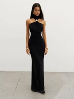 Nibber Halter Metal Knots Dress Women Elegant Summer Trend Solid Folds Backless Sleeveless Sexy Slim Banquet Party Long Bodycon