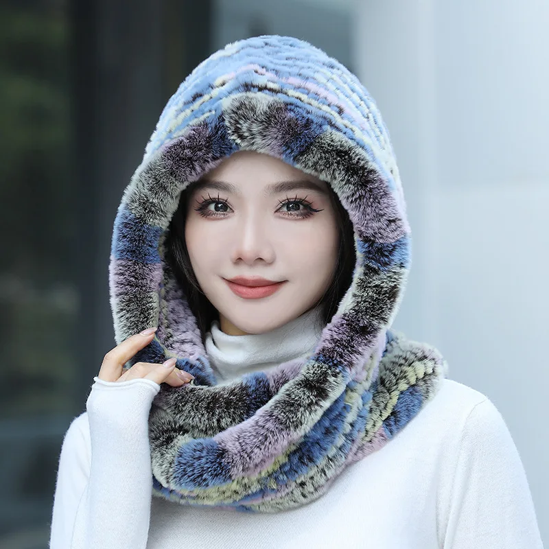 Hat Women New Knitted Real Rex Rabbit Fur Hat Hooded Scarf Winter