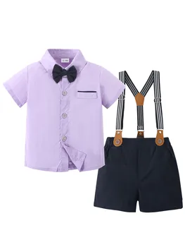 Toddler Baby Boy Clothes 1-5T Boy Gentleman Suit Short Sleeves Shirt +Suspender Pants +Bowtie Toddler Dress Boy Outfit 5