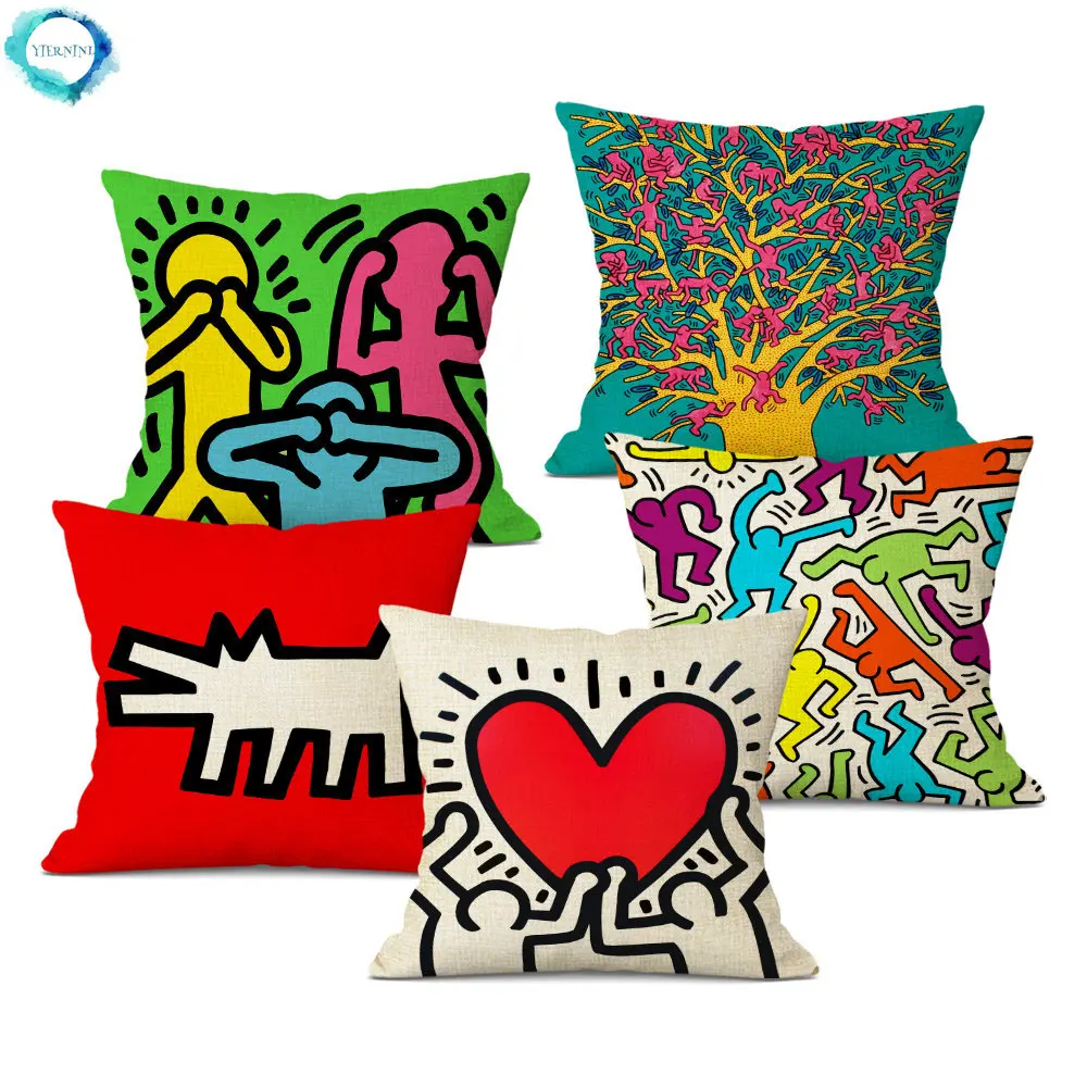 

Pop Art Figures Graffiti Cushion Cover Colorful Abstract Art Decorative Pillowcase Square Linen Throw Pillows Cover