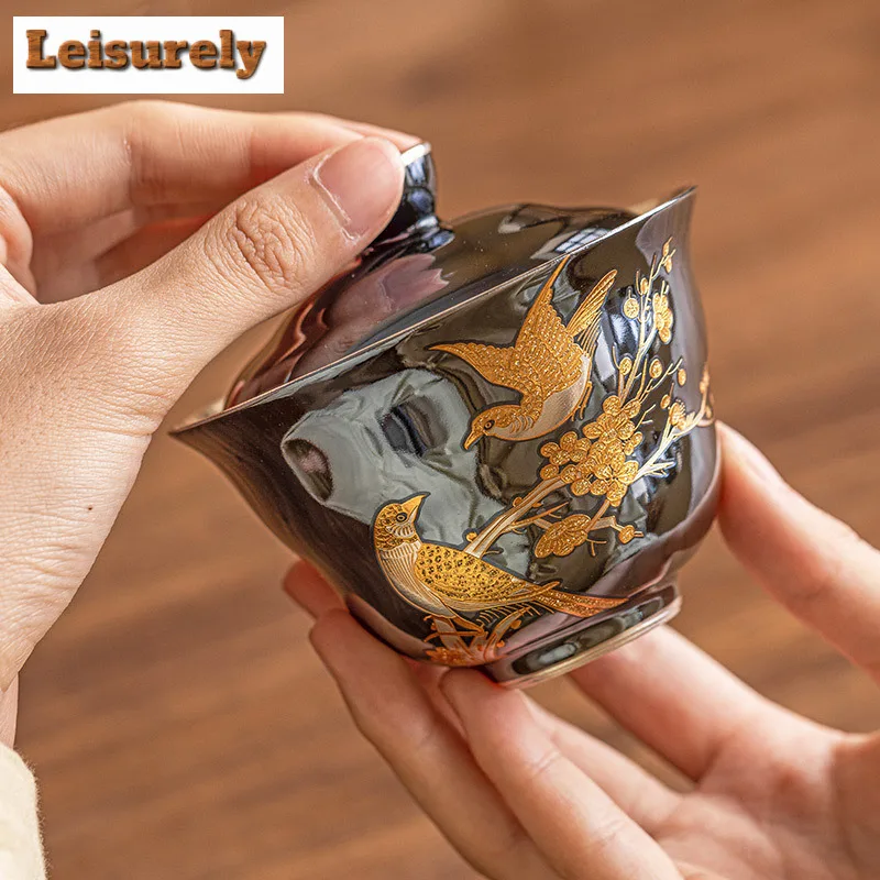 110ml High End 999 Silver Gilded Gaiwan Retro Pearl Glazed Flower And Bird Tea Tureen Tea Making Cover Bowl Drinkware Collection
