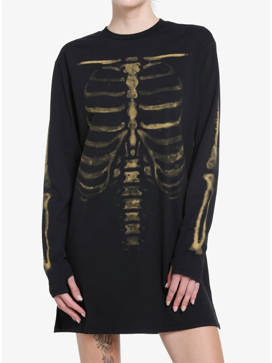 

New Fashion Women Long Sleeve T-Shirts Skeleton Print Crew Neck Shirts Spring Fall Casual Loose Fit Tops Streetwear Hot Sale