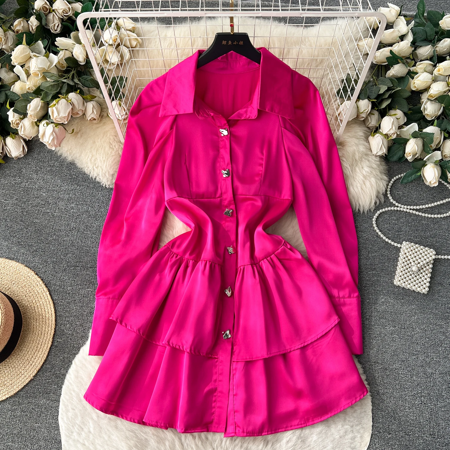 

2023 new slim single-breasted shirt dress with puffy sleeves ruffled dress