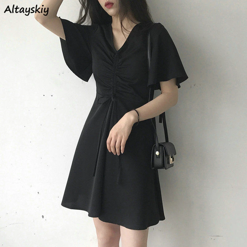 Oversize Dress Women Flare Sleeve Zipper Solid Student Simple Loose Casual Summer Korean Style Retro Soft Cute All-match Elegant boho dresses Dresses