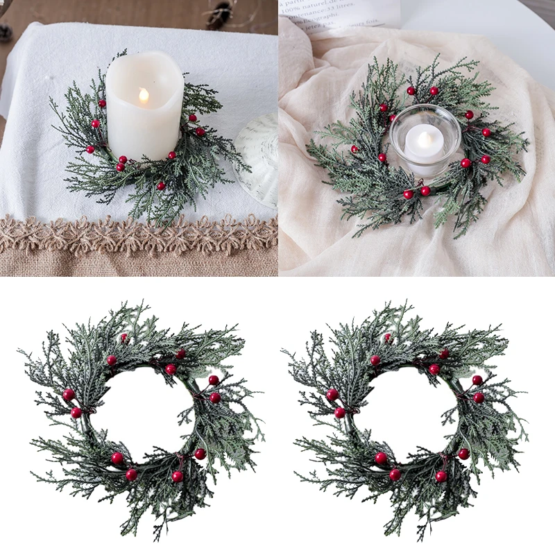 20cm Wedding Table Red Fruits Candle Ring Artificial Leaves Wreath Candle Wreaths Artificial Pine Branches Christmas Home Decor