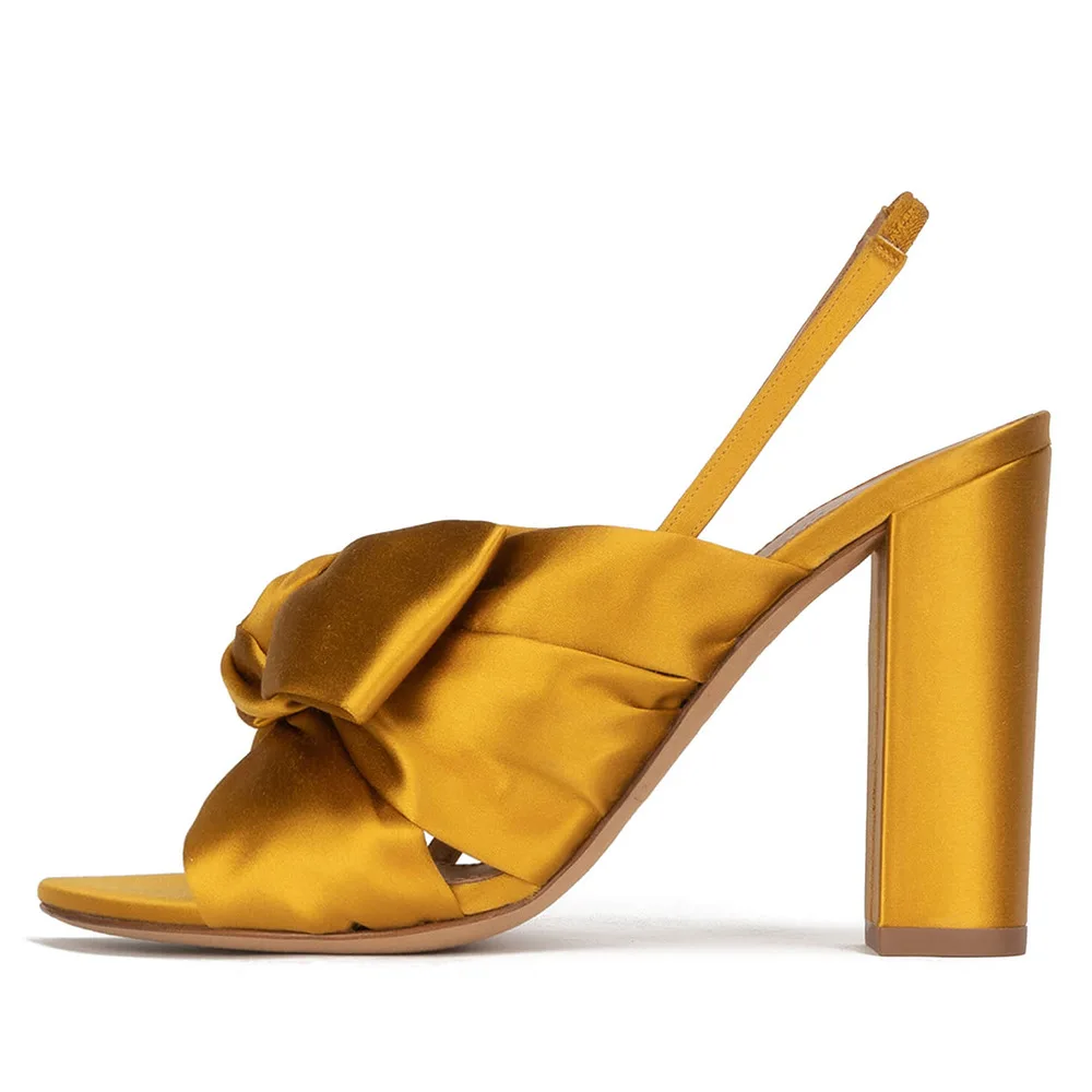 

2023 Women's Knotted Summer Sandals Chunky Heel Slingbacks Bow Shoes Ladies Large Size Satin Party High Heels Elegant Dress Shoe