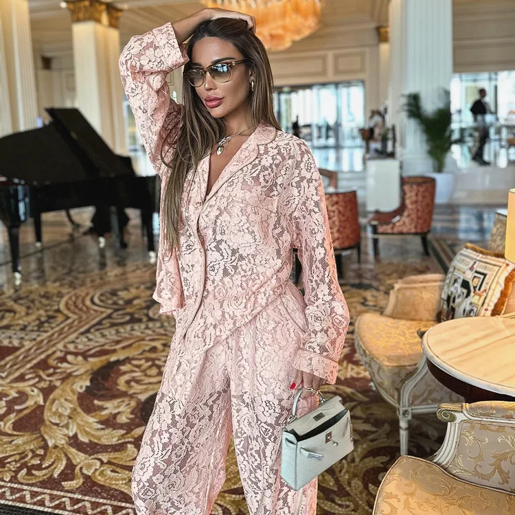 Lace Hollow Out Printed 2 Piece-Set Trousers Female See-Through Sexy See-Through Shirts And Fashion Women's Pants Outfits