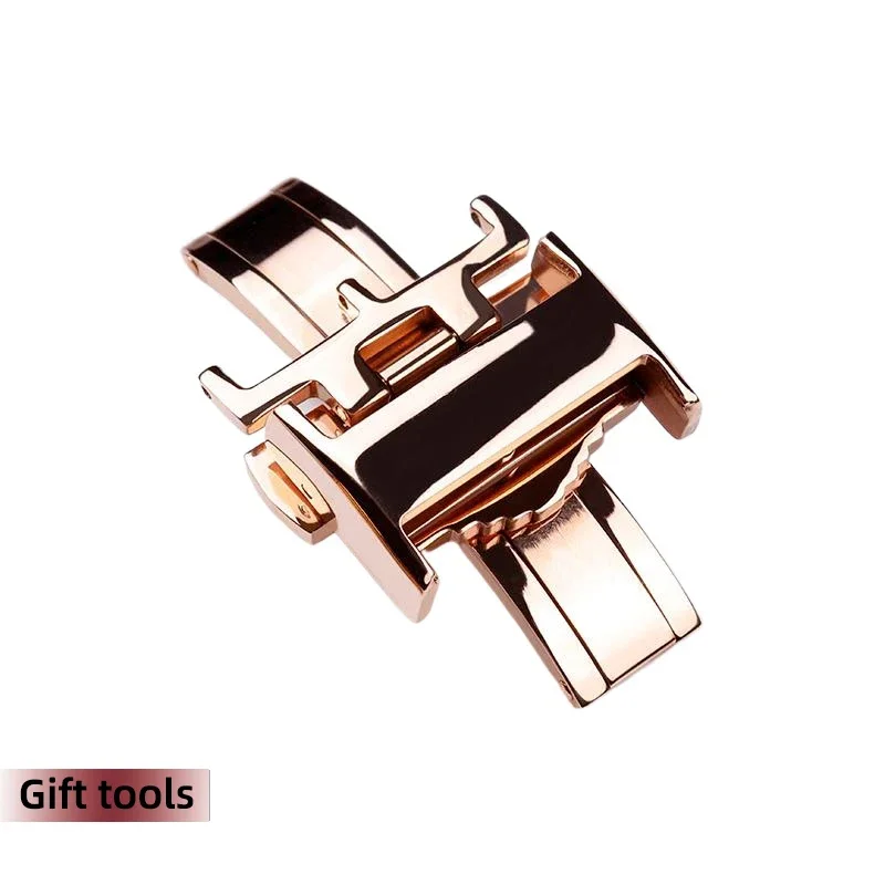 Rose Gold Stainless Steel Butterfly Buckle Double Button Watch Strap Clasp