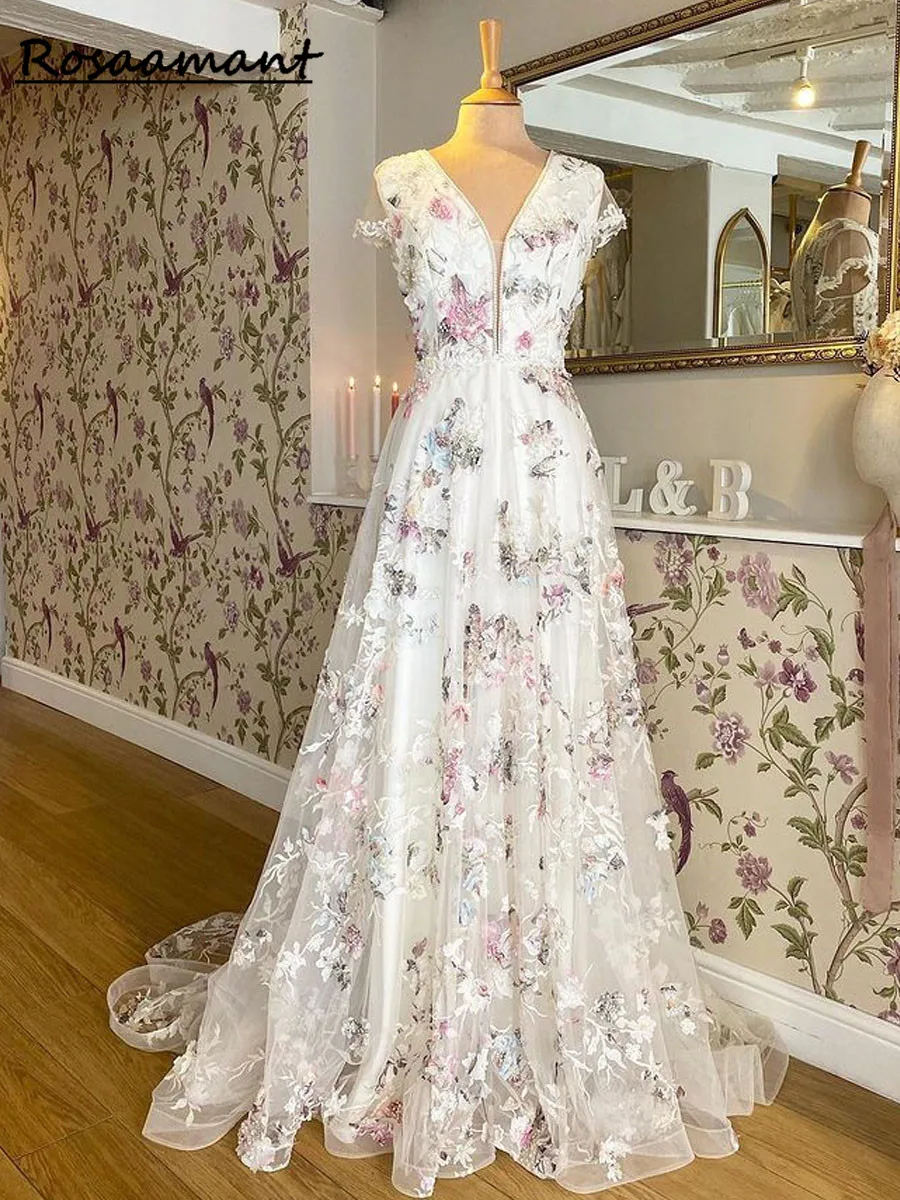 

Elegant Long V-Neck Wedding Gowns Sleeveless With Print Flower Tulle Backless Bridal Dresses Sexy Wedding Dress For Women