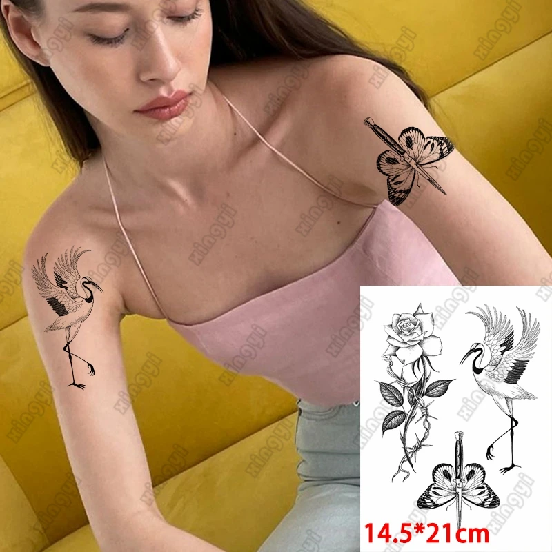 

Waterproof Temporary Tattoo Sticker Animals White Crane Dragon Tatto Butterfly Flower Body Art Fake Arm Sleeve Tattoos Women Men