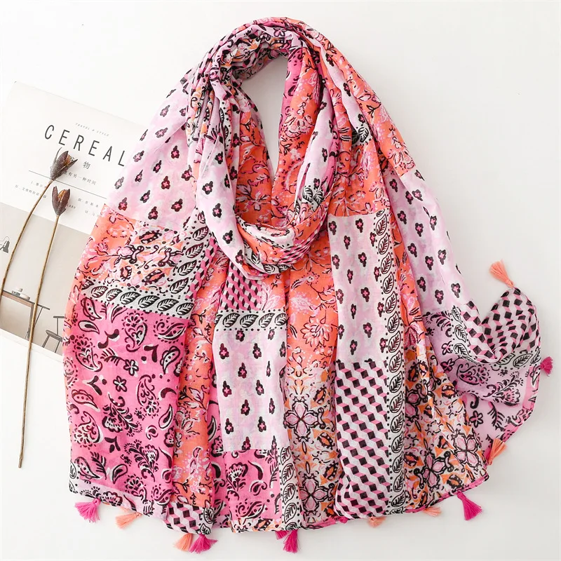 

2024 Newest Women Floral Printed Pattern Scarf Cotton Voile Scarf Shawls