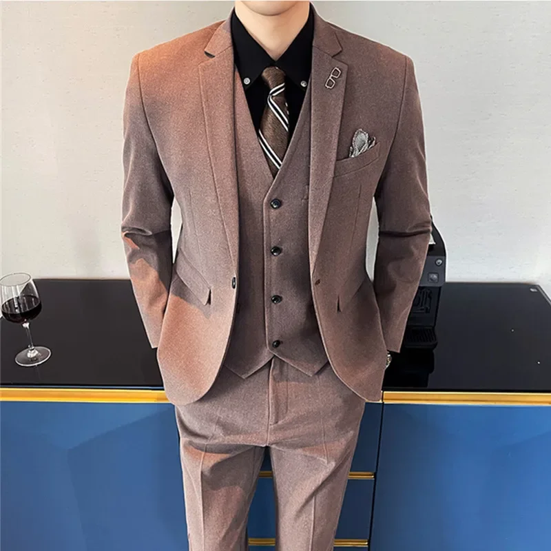 

Suit Pants Vest 3 Pcs Set / 2023 Fashion New Men's Casual Boutique Business Solid Color Woolen Blazers Jacket Trousers Waistcoat