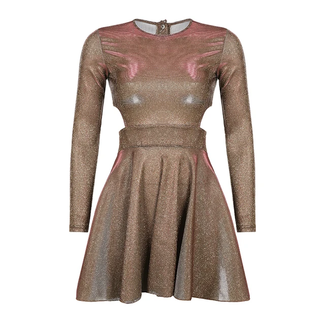 2022 New Fashion Chic Bling Glitter Long Sleeve Club Party Dress Mini Backless Hollow Out Sexy Dress Women Autumn Pleated Hot 5
