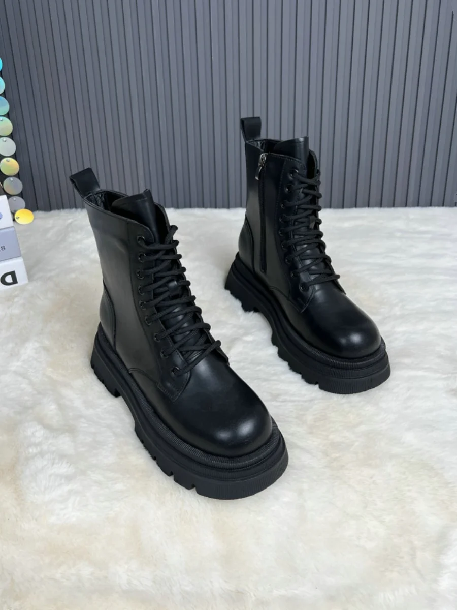 

Lace Up Winter Boots Genuine Leather Fur Brand Women's Shoes Boots-Women Round Toe Lolita Fashion 2023 Autumn Rubber Rock Ladies