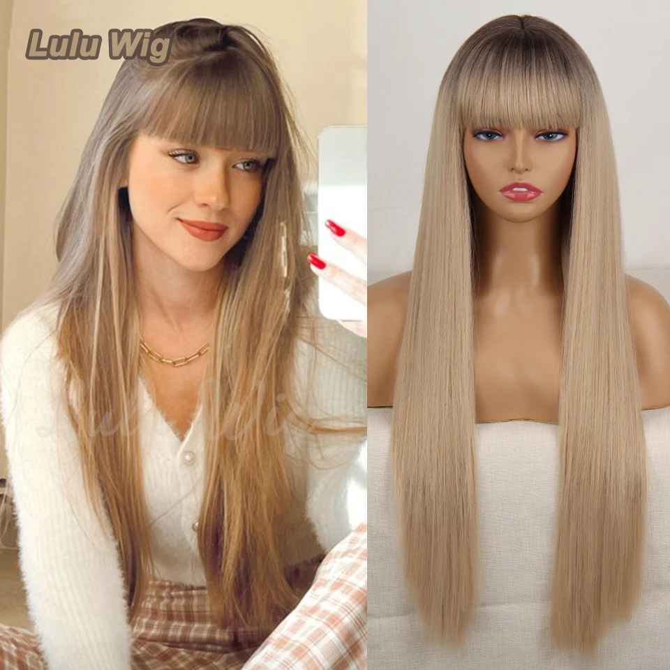 Light Blonde Synthetic Wigs with bangs Long Straight Brown Blonde Hair Wig for Women Cosplay Natural Hair Heat Resistant